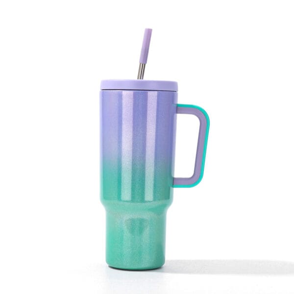 40oz Gradient Rainbow Paint Big Mac Handle Outdoor Straw Stainless Steel Tumbler - 图片 5